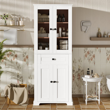 67.2 Inch Tall Bathroom Storage Cabinet with Tempered Glass Doors Adjustable Shelves Drawer Soft Close Modern Freestanding Linen Tower