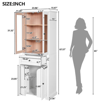 67.2 Inch Tall Bathroom Storage Cabinet with Tempered Glass Doors Adjustable Shelves Drawer Soft Close Modern Freestanding Linen Tower