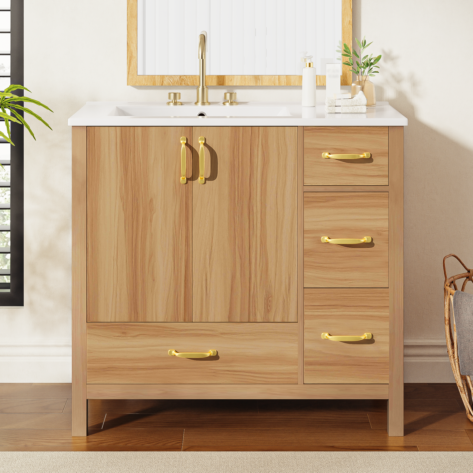36 Inch Acacia Wood Bathroom Vanity with Ceramic Sink 2 Soft Close Doors 4 Soft Close Drawers Adjustable Shelf Solid Wood & MDF