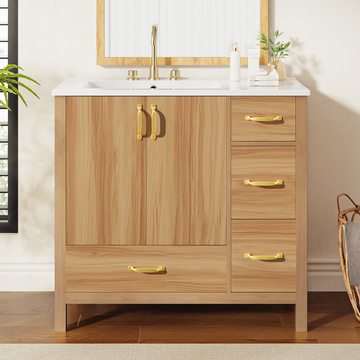 36 Inch Acacia Wood Bathroom Vanity with Ceramic Sink 2 Soft Close Doors 4 Soft Close Drawers Adjustable Shelf Solid Wood & MDF