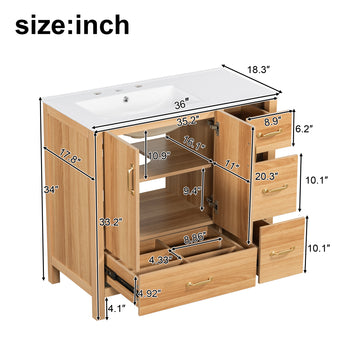 36 Inch Acacia Wood Bathroom Vanity with Ceramic Sink 2 Soft Close Doors 4 Soft Close Drawers Adjustable Shelf Solid Wood & MDF