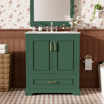 30 Inch Green Modern Bathroom Vanity with Ceramic Sink Soft Close Doors Divider Drawer Double Door Shelves Solid Wood & MDF