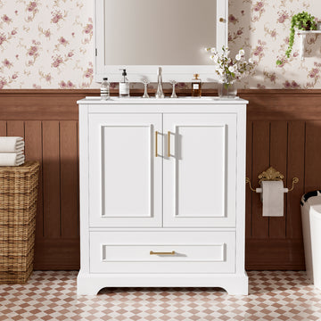 30 Inch White Bathroom Vanity with Ceramic Sink Solid Wood Frame MDF Divider Drawer 2 Soft Close Doors with Double Door Shelves