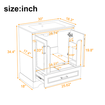 30 Inch White Bathroom Vanity with Ceramic Sink Solid Wood Frame MDF Divider Drawer 2 Soft Close Doors with Double Door Shelves