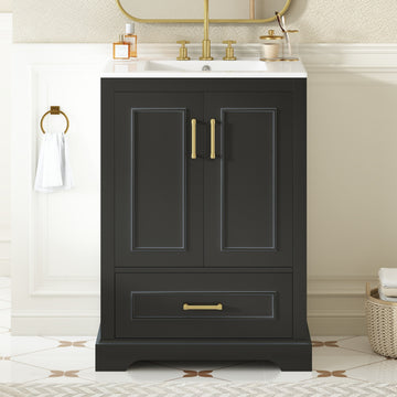 24 Inch Black Bathroom Vanity with Ceramic Sink Solid Wood Frame MDF Divider Drawer 2 Soft Close Doors with Dual Door Storage Racks