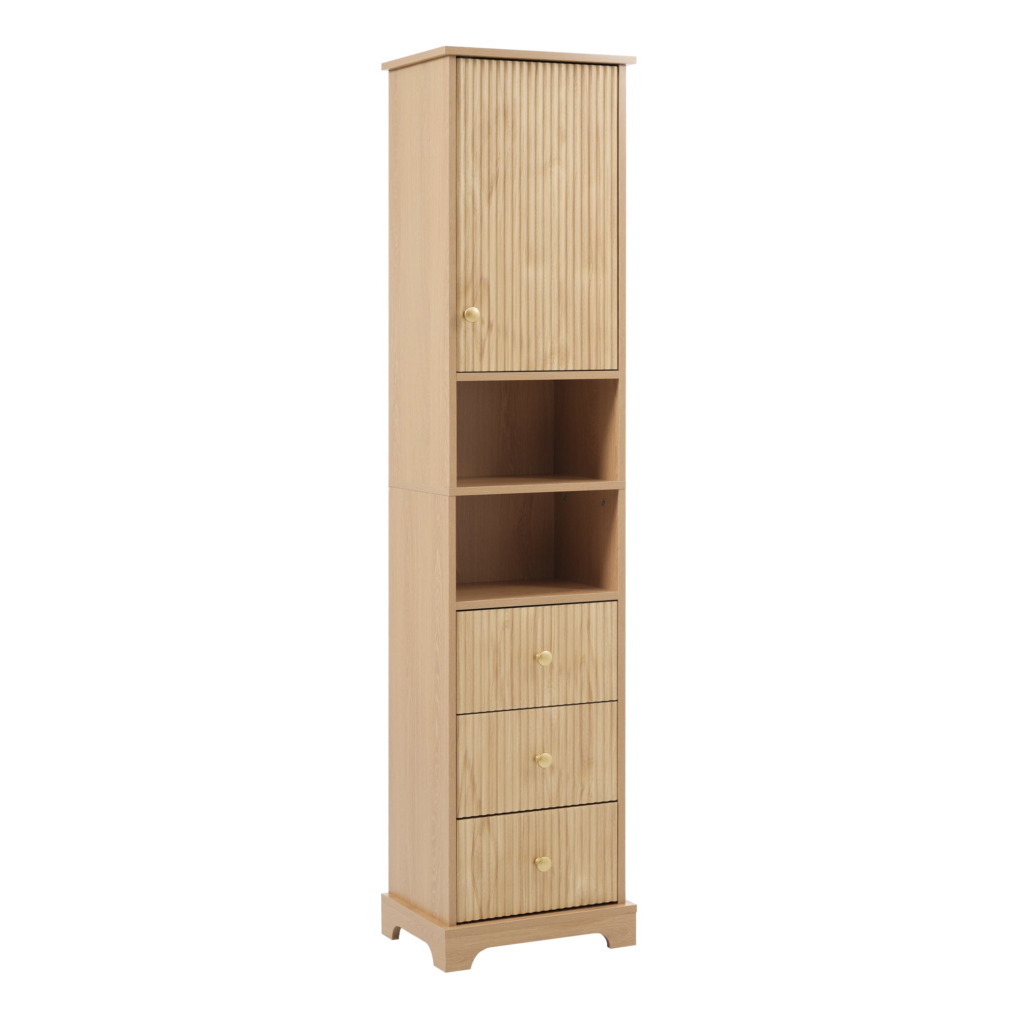 67.7 Inch Tall Freestanding Bathroom Cabinet with Door Adjustable Shelf 3 Drawers and Open Storage Wood Finish with Gold Handles