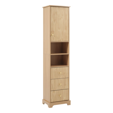 67.7 Inch Tall Freestanding Bathroom Cabinet with Door Adjustable Shelf 3 Drawers and Open Storage Wood Finish with Gold Handles