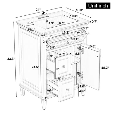 24 Inch Bathroom Vanity with Sink Cabinet with One Flip Drawer and Two Drawers Adjustable Shelf Solid Wood MDF Blue Gray