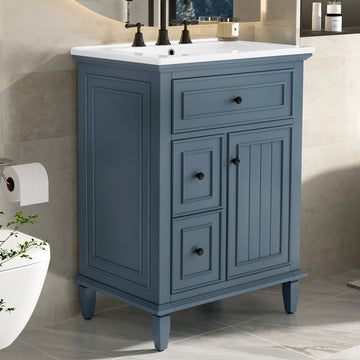 24 Inch Bathroom Vanity with Sink Cabinet with One Flip Drawer and Two Drawers Adjustable Shelf Solid Wood MDF Blue Gray