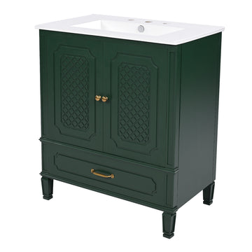 30 Inch Green Bathroom Vanity with Sink Vintage Style Storage Cabinet with Drawer Door Shelf and Soft Closing Doors