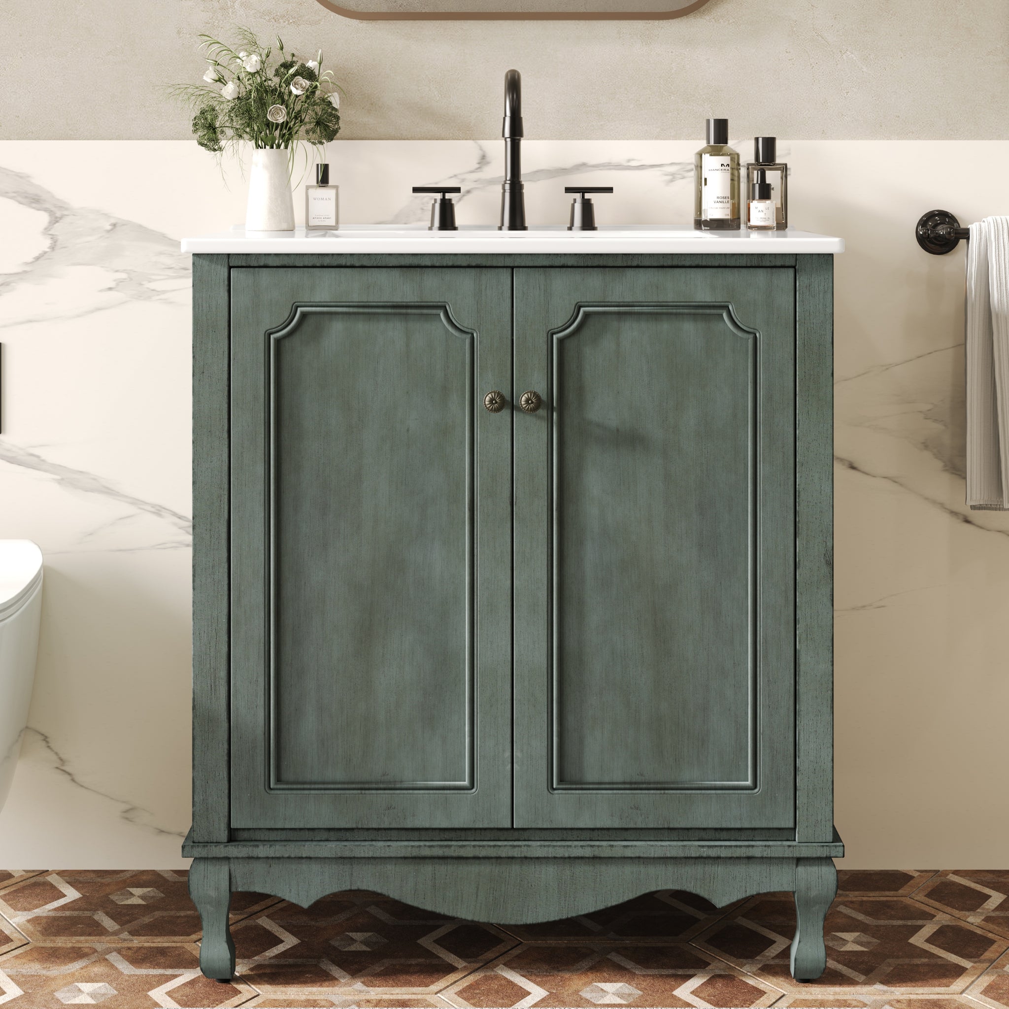30 Inch Vintage Bathroom Vanity with Rectangle Ceramic Sink Antique Handles Rubber Wood Legs Adjustable Shelves Blue Green