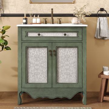 30 Inch Antique Bathroom Vanity with Rectangle Ceramic Sink Tip Out Tray Antique Handles Rubber Wood Legs Green Blue