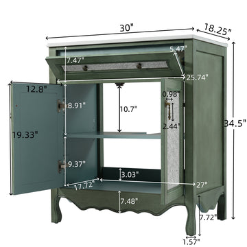 30 Inch Antique Bathroom Vanity with Rectangle Ceramic Sink Tip Out Tray Antique Handles Rubber Wood Legs Green Blue