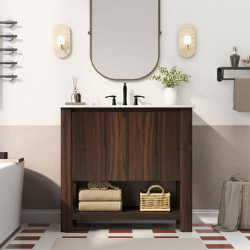 36 Inch Modern Bathroom Vanity with Rectangle Ceramic Sink Large Storage 45 Degree Free Handle Brown
