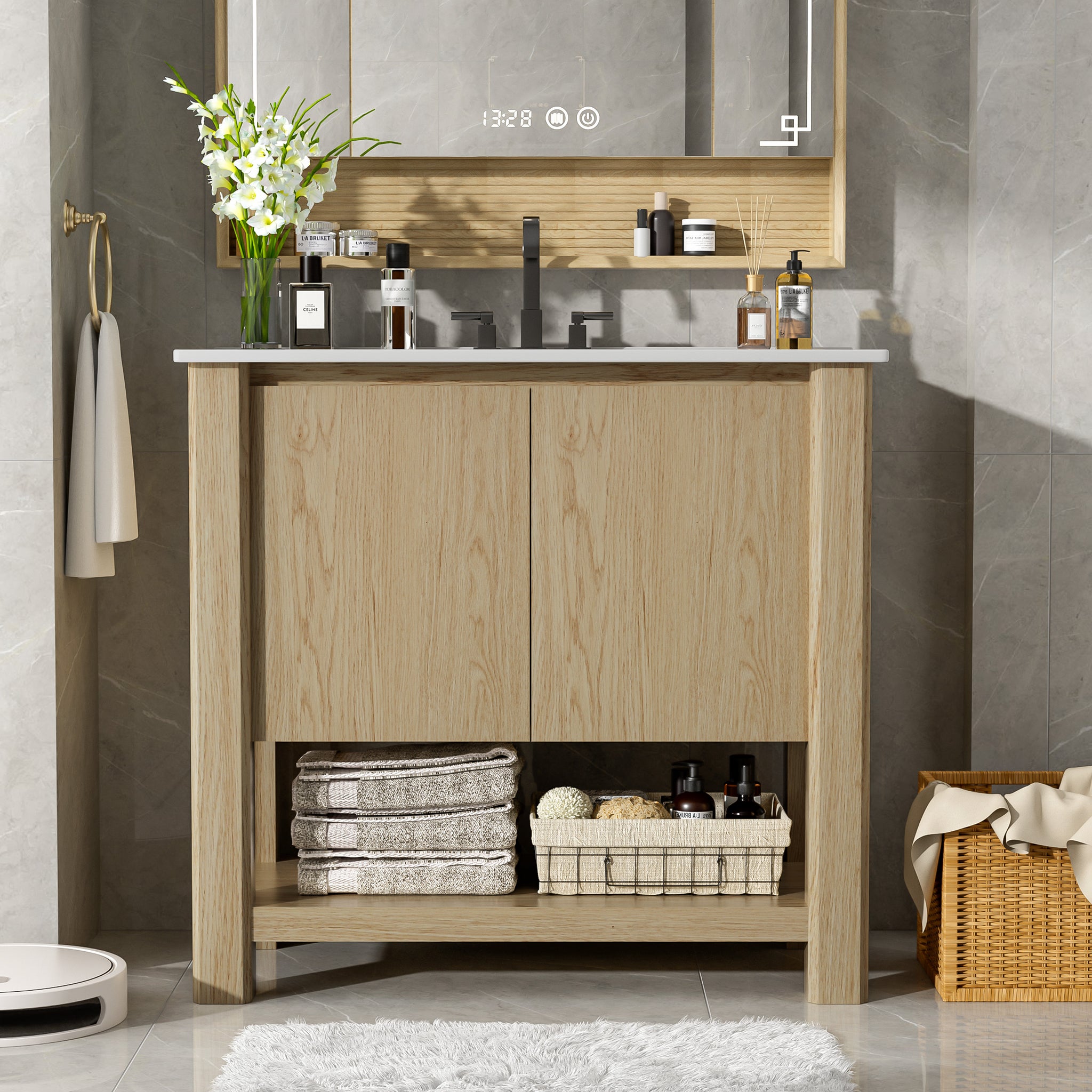 36 Inch Modern Bathroom Vanity with Rectangle Ceramic Sink Large Storage 45 Degree Free Handle Natural