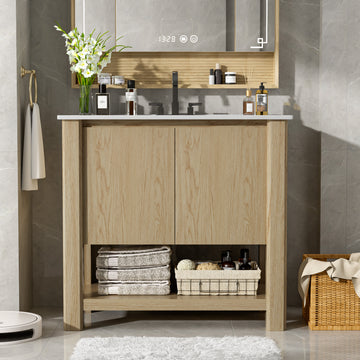 36 Inch Modern Bathroom Vanity with Rectangle Ceramic Sink Large Storage 45 Degree Free Handle Natural
