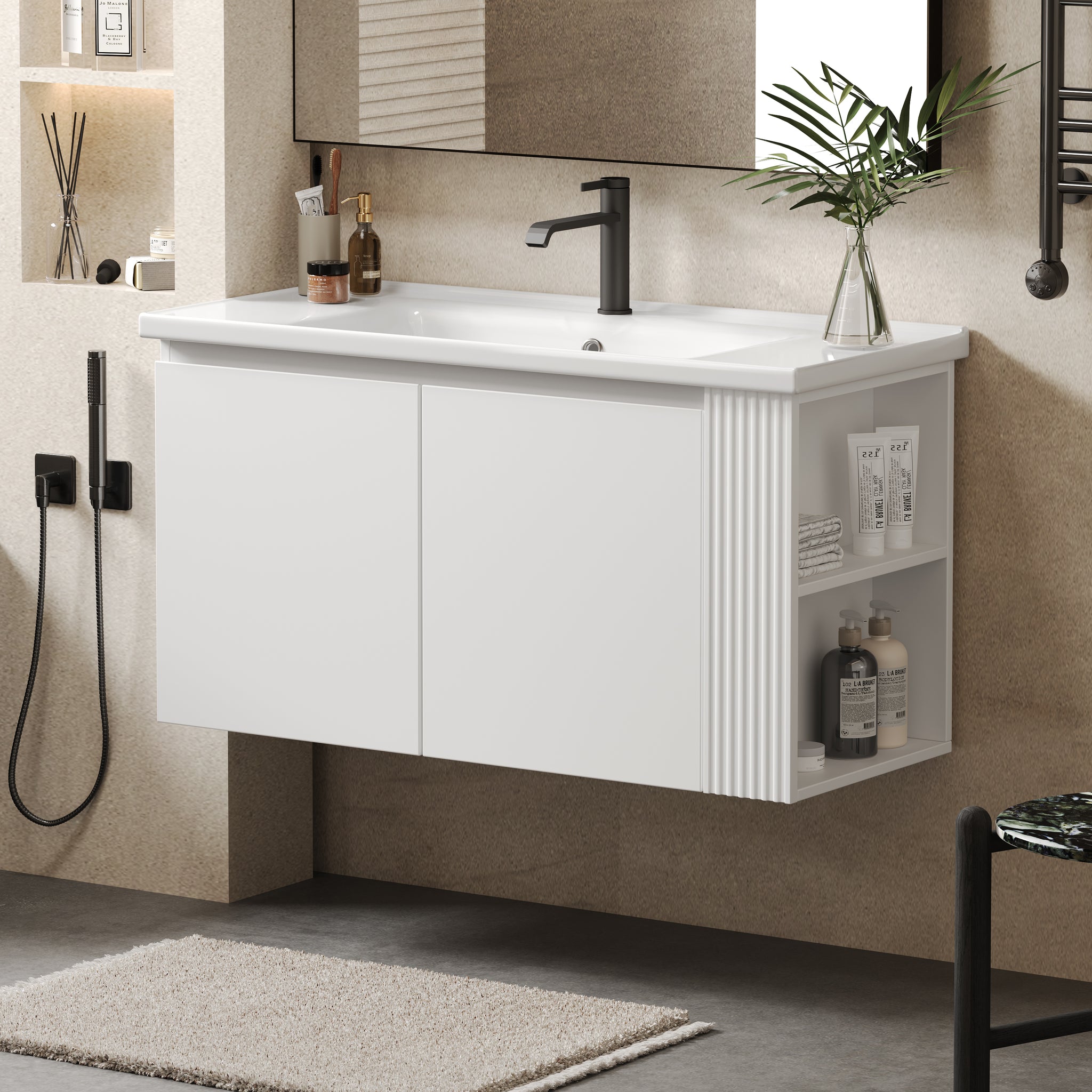 36 Inch Modern Wall Mounted Bathroom Vanity with Ceramic Sink Floating Design Soft Close Doors Open Shelves White