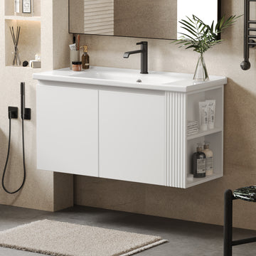 36 Inch Modern Wall Mounted Bathroom Vanity with Ceramic Sink Floating Design Soft Close Doors Open Shelves White