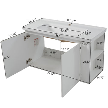 36 Inch Modern Wall Mounted Bathroom Vanity with Ceramic Sink Floating Design Soft Close Doors Open Shelves White