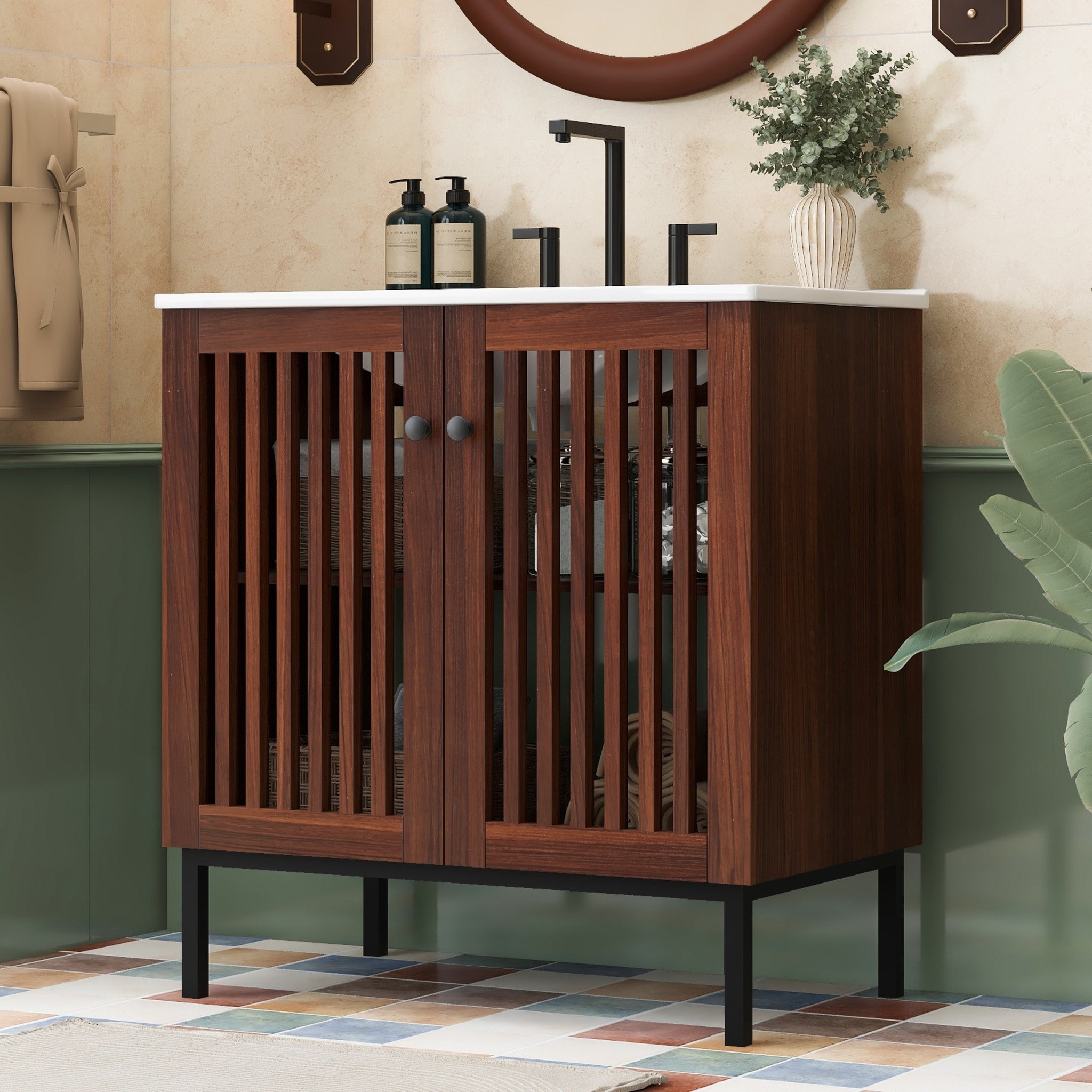 30 Inch Vintage Bathroom Vanity with Ceramic Sink 2 Soft Close Doors Fence Design Large Storage Dark Brown
