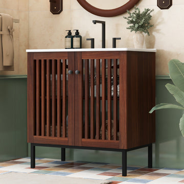 30 Inch Vintage Bathroom Vanity with Ceramic Sink 2 Soft Close Doors Fence Design Large Storage Dark Brown