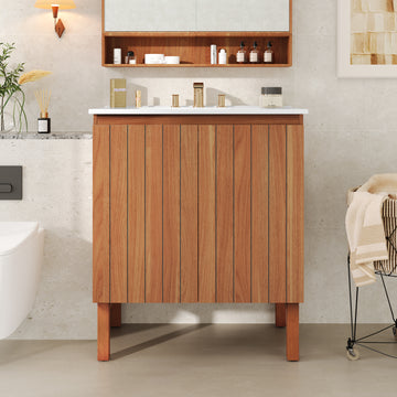 30 Inch Modern Bathroom Vanity with Ceramic Sink Minimalist Cabinet 45 Degree Free Handle Vertical Stripes Natural