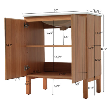 30 Inch Modern Bathroom Vanity with Ceramic Sink Minimalist Cabinet 45 Degree Free Handle Vertical Stripes Natural