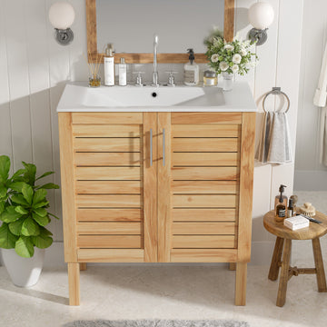 30 Inch Antique Bathroom Vanity with Ceramic Sink Mid Century Cabinet 2 Doors Large Storage Brown