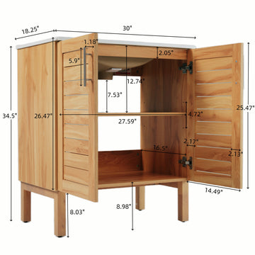 30 Inch Antique Bathroom Vanity with Ceramic Sink Mid Century Cabinet 2 Doors Large Storage Brown