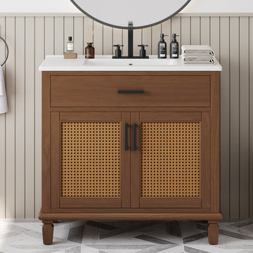 36 Inch Rattan Bathroom Vanity with Ceramic Sink Soft Close Doors and Drawers Solid Wood Legs Brown