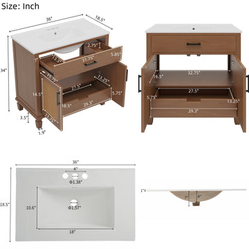 36 Inch Rattan Bathroom Vanity with Ceramic Sink Soft Close Doors and Drawers Solid Wood Legs Brown