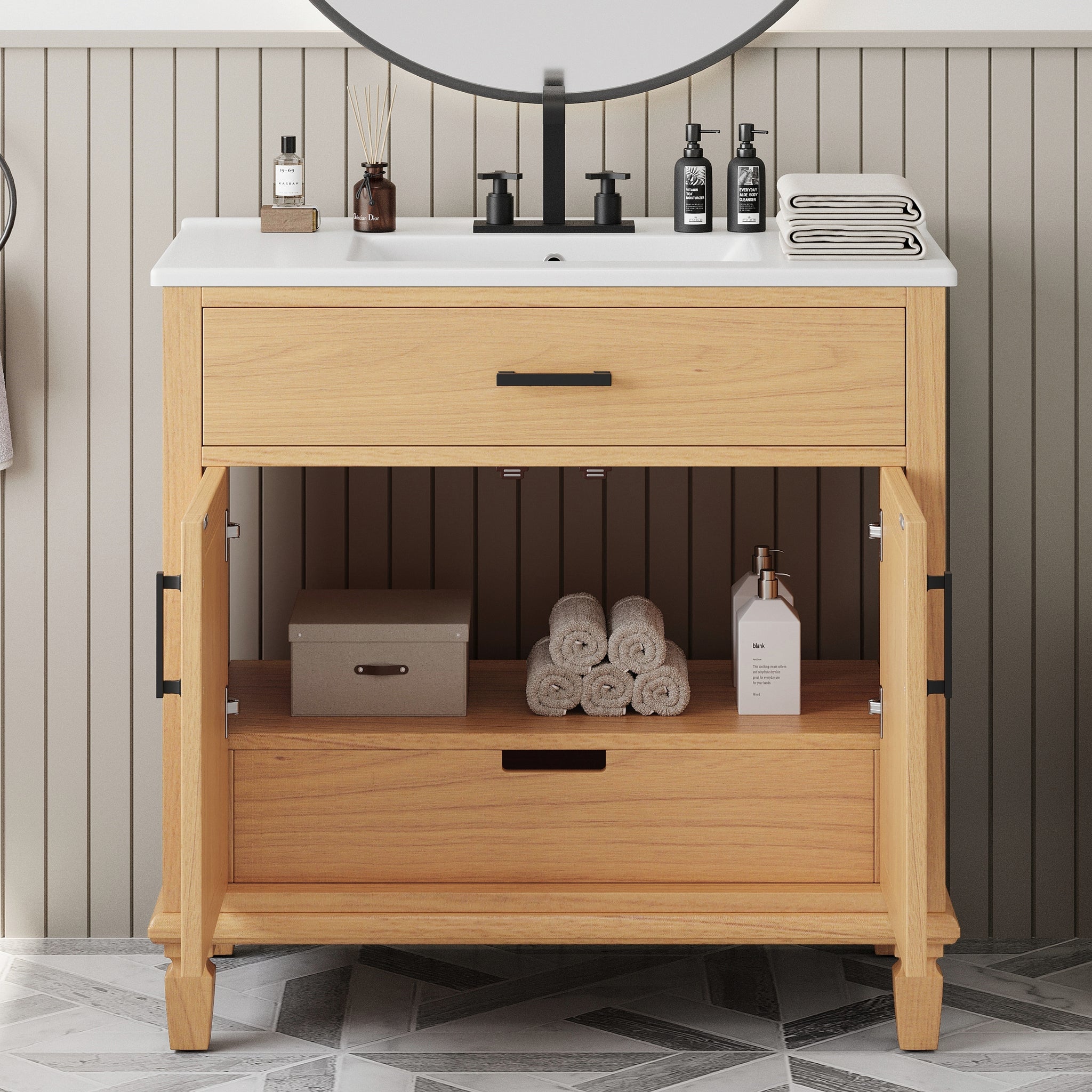 36 Inch Rattan Bathroom Vanity with Ceramic Sink Soft Close Doors and Drawers Solid Wood Legs