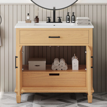36 Inch Rattan Bathroom Vanity with Ceramic Sink Soft Close Doors and Drawers Solid Wood Legs
