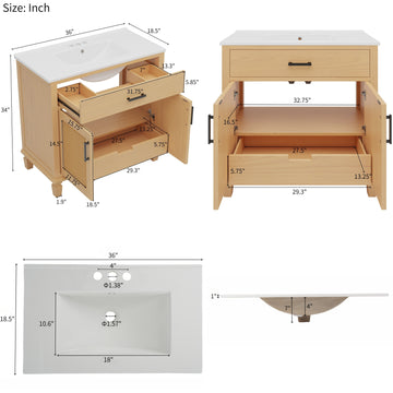 36 Inch Rattan Bathroom Vanity with Ceramic Sink Soft Close Doors and Drawers Solid Wood Legs