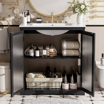 30 Inch Modern Bathroom Vanity with Ceramic Sink Tempered Glass and Black Handles Rubber Wood Frame Black