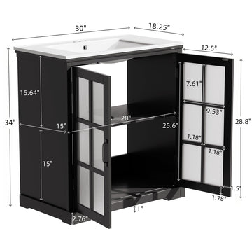 30 Inch Modern Bathroom Vanity with Ceramic Sink Tempered Glass and Black Handles Rubber Wood Frame Black