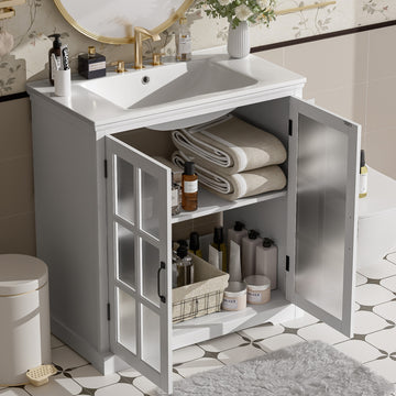 30 Inch Modern Bathroom Vanity with Ceramic Sink Tempered Glass and Black Handles Rubber Wood Frame White