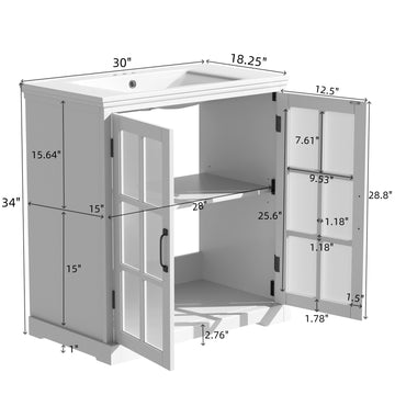 30 Inch Modern Bathroom Vanity with Ceramic Sink Tempered Glass and Black Handles Rubber Wood Frame White