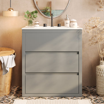 30 Inch Bathroom Vanity with Ceramic Sink 2 Full Extension Drawers 45 Degree Free Handle Gray