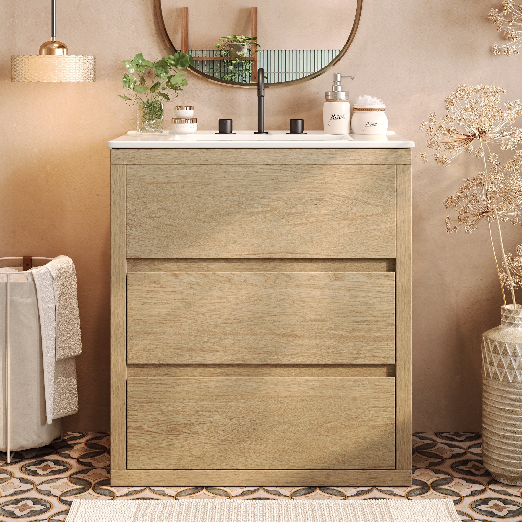 30 Inch Bathroom Vanity with Ceramic Sink 2 Full Extension Drawers 45 Degree Free Handle Natural