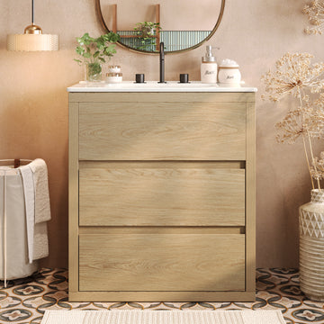 30 Inch Bathroom Vanity with Ceramic Sink 2 Full Extension Drawers 45 Degree Free Handle Natural