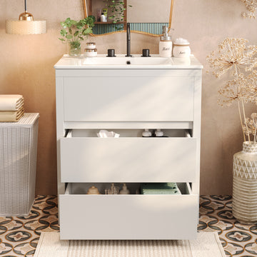 30 Inch Bathroom Vanity with Ceramic Sink 2 Full Extension Drawers 45 Degree Free Handle White