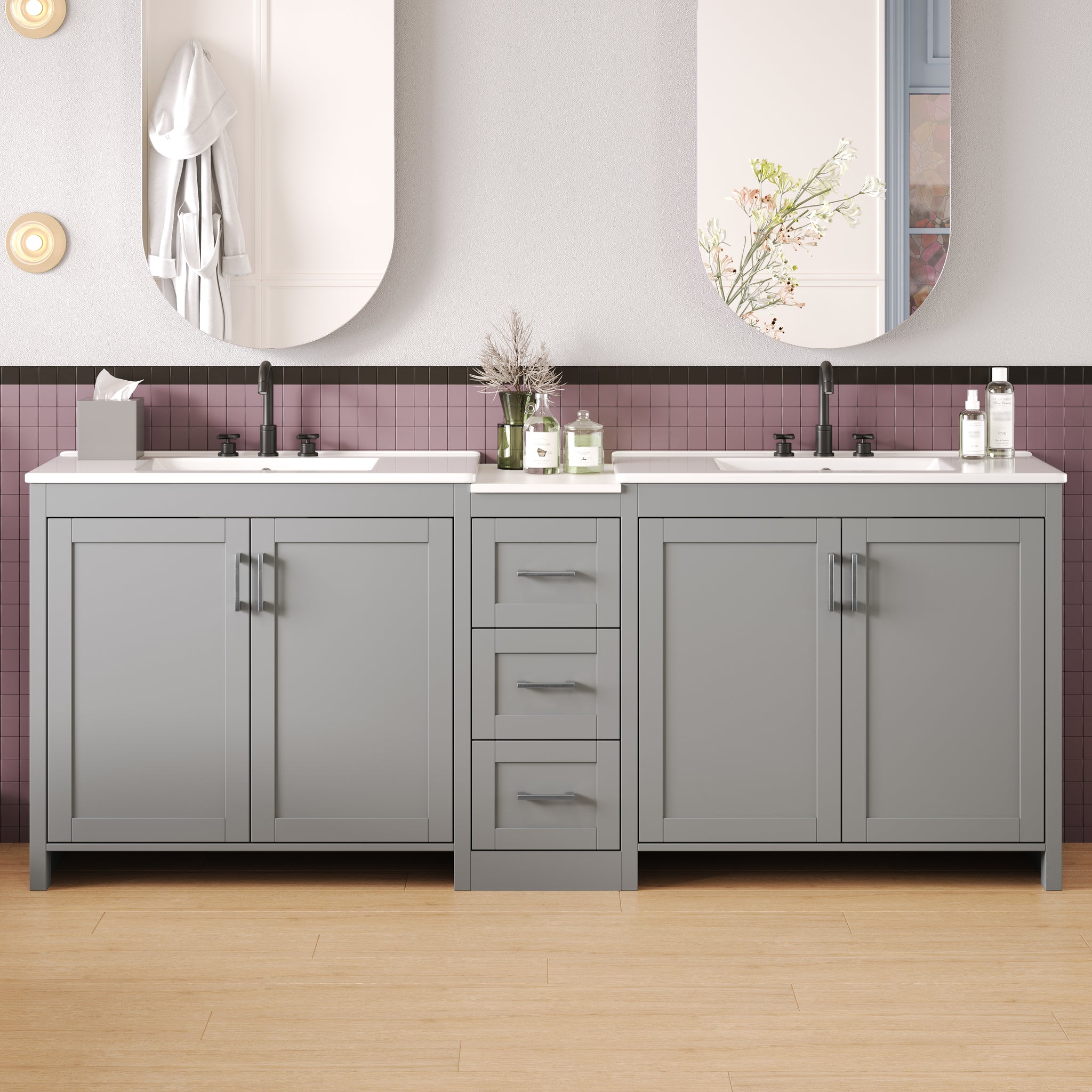 84 Inch Double Sink Bathroom Vanity with Ceramic Sinks Quartz Countertop Adjustable Shelves 3 Drawers Gray