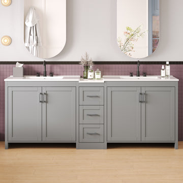 84 Inch Double Sink Bathroom Vanity with Ceramic Sinks Quartz Countertop Adjustable Shelves 3 Drawers Gray