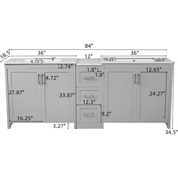 84 Inch Double Sink Bathroom Vanity with Ceramic Sinks Quartz Countertop Adjustable Shelves 3 Drawers Gray