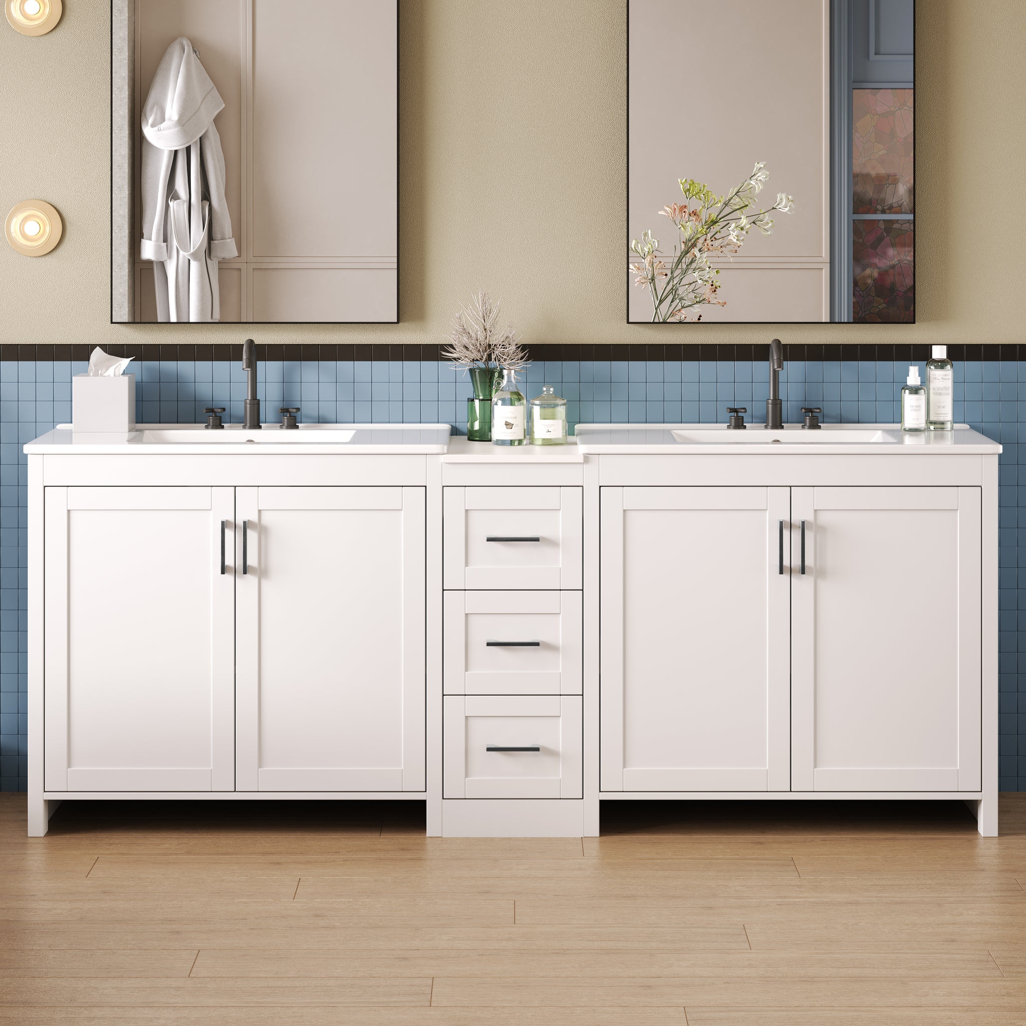84 Inch Double Sink Bathroom Vanity with Ceramic Sinks Quartz Countertop Adjustable Shelves 3 Drawers White
