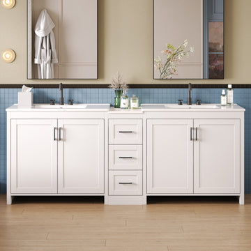 84 Inch Double Sink Bathroom Vanity with Ceramic Sinks Quartz Countertop Adjustable Shelves 3 Drawers White