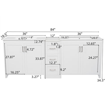 84 Inch Double Sink Bathroom Vanity with Ceramic Sinks Quartz Countertop Adjustable Shelves 3 Drawers White