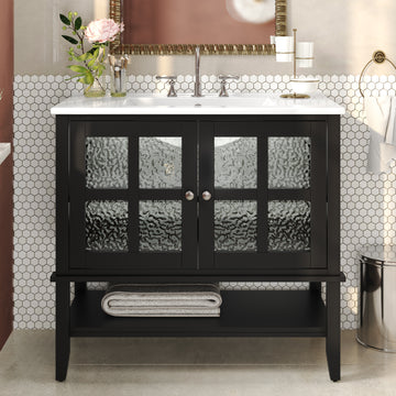 36 Inch Bathroom Vanity with Ceramic Sink Adjustable Shelf Solid Wood Legs Soft Close Hinges Black