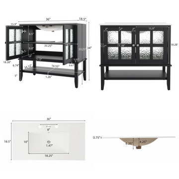 36 Inch Bathroom Vanity with Ceramic Sink Adjustable Shelf Solid Wood Legs Soft Close Hinges Black